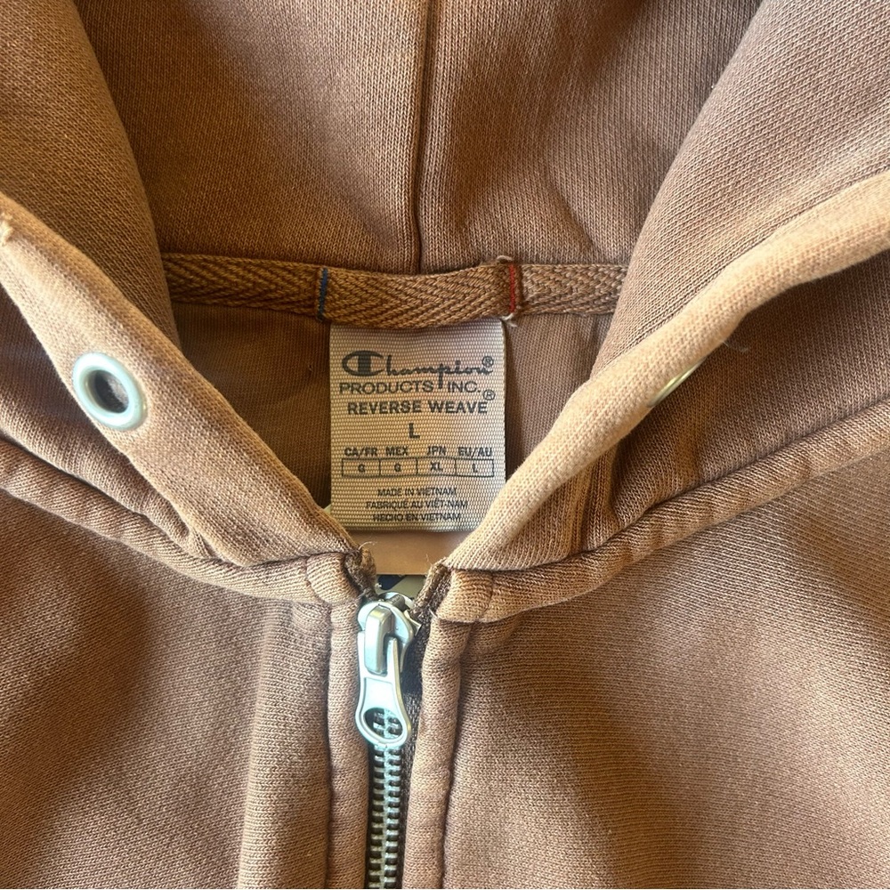 Champion Reverse Weave Mocha Distressed Cropped Hoodie Large - Picture 4 of 5